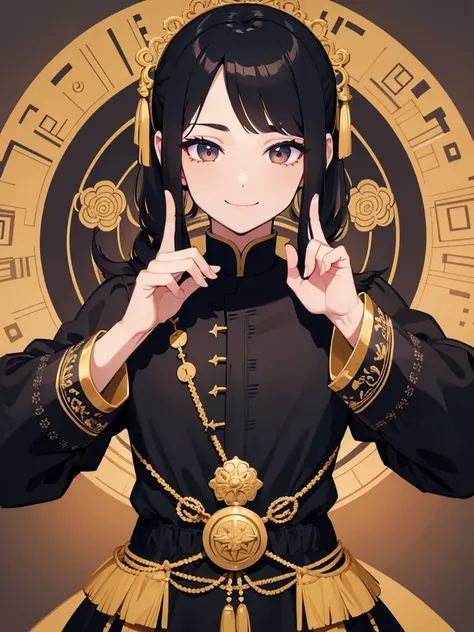  black hair、Super beautiful、30-year-old male、One pigtail、black china dress with gold embroidery、 face up、 squinting、smile、conspiracy、intellectual