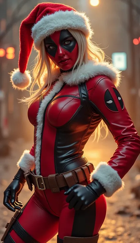 Lady deadpool, wearing a santa claus jacket and hat, full body shot, intricate details, photo-realistic, hyperrealistic, 8k, high quality, masterpiece, cinematic lighting, warm color palette, dynamic pose, action scene, highly detailed fabric, glossy textu...