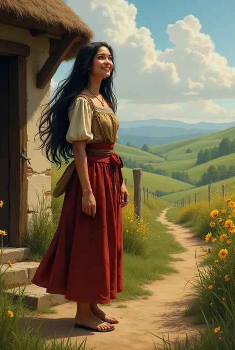 hello, Create for me an image of a peasant woman with long black hair watching her husband return from the war with a smile.