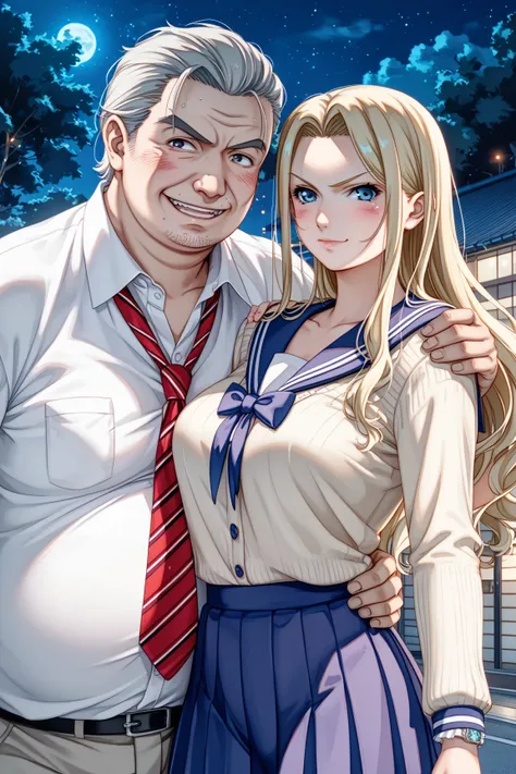 (((female 1 person、1 male)))、couple、((((((Tokyo at Night))))))、10th Generation、 Yankee、Bad girl、 Very Big Breasts 、Very big ass、Tree Eyes、Blonde、(((Irritation、Glaring at the man)))、blush、sweating、 shiny skin、 sailor suit 、 Mini Pleated Skirt、 cardigan、Fore...