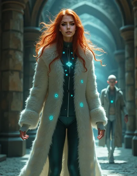 ultra realistic professional full body ultra realistic professional full body looking to camera   ({red-haired woman in luxurious quantum-energy winter coat and form-fitting leggings, standing in medieval castle interior with impossible magical light trans...