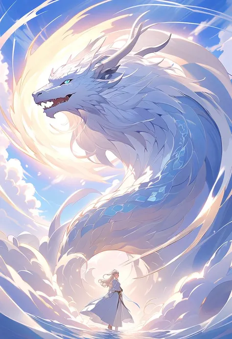 This character is a woman with a magical and elegant aura. He has long, shiny white hair, unique horns resembling a dragon, and elf ears that emphasize his mystical impression. White clothes decorated with blue and silver ornaments give the feel of a kingd...