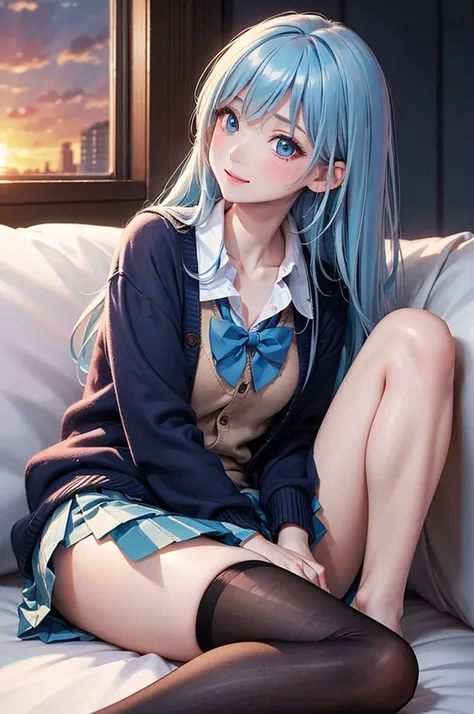 ( Best Quality, high definition ,8k,inelity detailed background, Masterpiece:1.2), pretty girl,( glossy light blue hair:1.3),(long hair:1.2) ,long hair, messy hair, Beautiful light blue eyes,autumn,school uniform,Cardigan,skirt,black tights,(zettairyoiki:1...