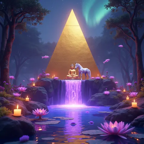  A golden pyramid ,  in a forest ,  at night,  a large waterfall of violet water ,  candles with precious lights , symbol of the om ,  a Buddha meditating ,  water lilies on the water ,  fishes swimming and jumping in the water  , clear sky,  forest is cov...