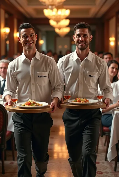 Ronaldo and messi are are hotel waiters delivering food to customers 