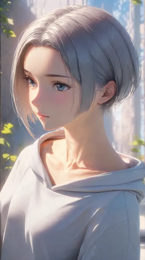 1gir, animation style, crisp details, tall, mature slim body, sharp focus, Perfect Anatomy, soft natural lighting, vibrant colors, (8k, best quality, masterpiece:1.5), short, slightly tousled light gray hair with a faint bluish tint, sleek and casual hairs...