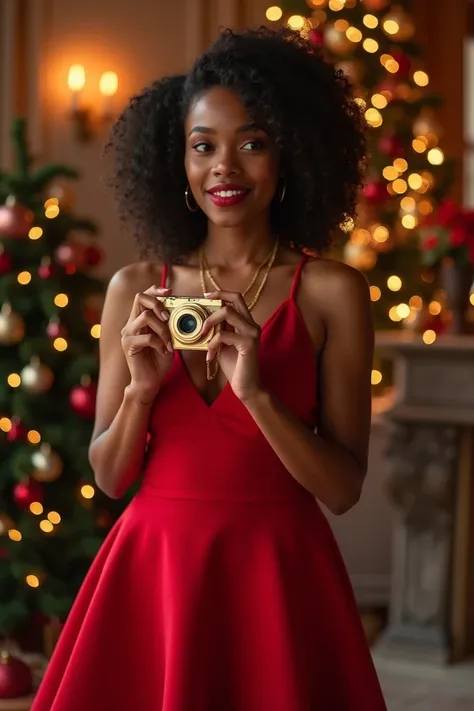 Une jeune fille noir américaine de teint clair 
photographe dans une rode de nuit rouge avec une belle forme de fesse tient dans ça main une caméra photo de couleur Or , autour delle une décor de noël 