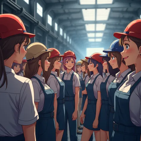 (masterpiece,  High Quality ,anime,8K wallpaper),(A large group of beautiful Steel Mill workers and a  who is the only man:50.0),( Beautiful Steel Mill Workers Wear Work Hats :80.0),( A large number of beautiful Steel Mill workers kiss one  on the cheek:80...