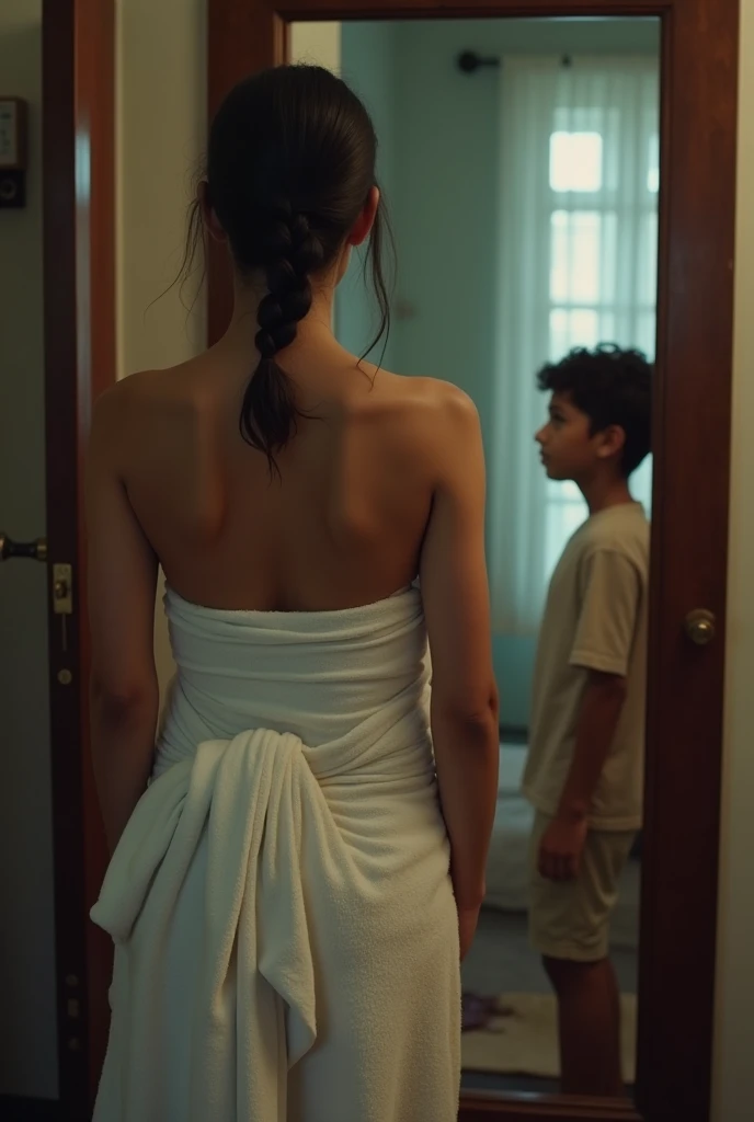 A 40 year old colombian woman, who has a towel wrapped around her body after a shower, stands in front of a mirror, And an 1 Indian boy wearing tshirt and shorts is watching the woman secretly  sneaking from behind door.