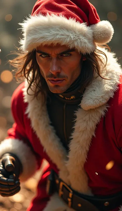 Gambit, wearing a santa claus jacket and hat, beautiful detailed eyes, beautiful detailed lips, extremely detailed face and eyes, longeyelashes, full body shot, intricate details, photo-realistic, hyperrealistic, 8k, high quality, masterpiece, cinematic li...