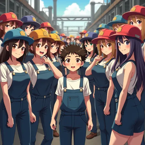 (masterpiece,  High Quality ,anime,8K wallpaper),(A large number of beautiful Steel Mill workers and a small boy who is the only man in the center :80.0),( Beautiful Steel Mill Workers Wear Work Hats :80.0),( The beautiful women of a large number of Steel ...