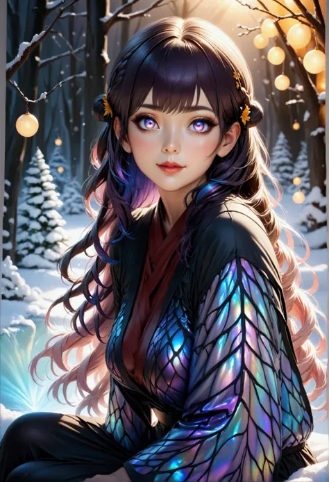 1maturegirl,mahiru shiina, Long smooth straight dark purple hair, inner dark iridescent hair, iridescent eyes,aesthetic curvy figure,sitting in winter themed clothes,masterpiece, super detail,detailed eyes, best quality, 8k,realistic