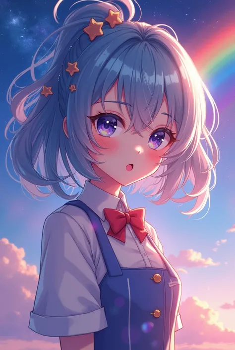 anime girl with rainbow and stars in the background, cute art style, anime style 4 k, rainbow aurora, anime girl with cosmic hair, anime moe artstyle, sunny rainbow galaxy stormy sea, anime art wallpaper 4 k, anime art wallpaper 4k, anime artstyle, officia...