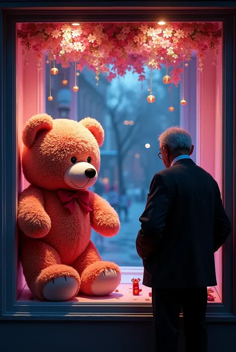 Interesting window display，Creative window display，Display of several exquisite teddy bear dolls。global illumination。particle tracking。neon lights，Colorful。8k ultra high definition 。（The old man looks into the window。old man&#39;s back。）