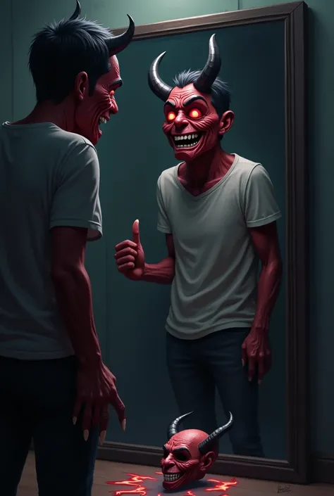 An intense and captivating animated scene of a person standing in front of a mirror. The character, a man in his 30s, appears normal at first glance—wearing a casual shirt and looking like an everyday person. He stands confidently, but there’s a deep tensi...