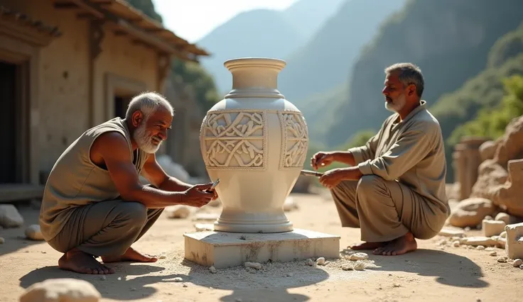  An outdoor craft workshop in a rustic environment ,  surrounded by mountains and vegetation . Humble Indian artisans ,  dressed in traditional clothing and simple tools ,  work with dedication and precision on a huge block of white marble .  They are scul...