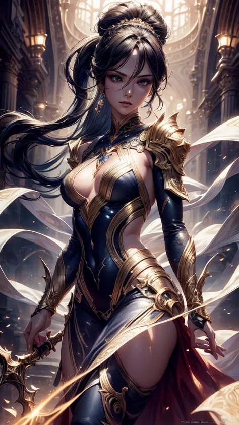 A woman with ponytrail in a transparent silk golden Bodysuit, with silk sleeves, feetcam, in a hand a sword, worror, fighter, detailed facial features, long eyelashes, beautiful detailed eyes, beautiful detailed lips, extremely detailed face, dynamic pose,...