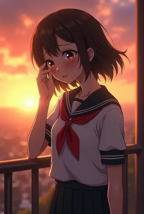 Anime girl with Japanese uniform have medium breast. She is crying and raising hand to wipe tears in sunset. The railing is behind her.