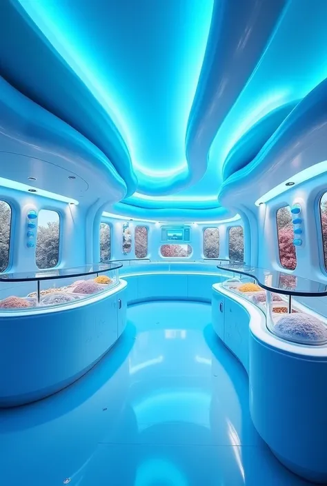 Ice cream shop inside, Let it be blue , A New Era, striking, Creative, beautiful, without people, a little bit futuristic  