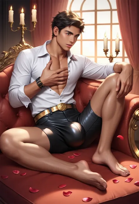 (huge bulge crotch:1.3), (Detailed face:1.3), photorealistic, tall, young, muscular Japanese man, tattoos, tanned skin, sharp short hair, BREAK, deep red satin shirt unbuttoned, black leather pants, gold belt, barefoot, lounging on a luxurious velvet sofa,...