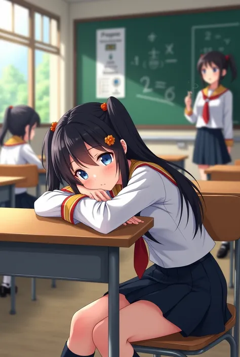 teen anime girl ,black twintail hair, orange-red bangs ,Orange-red hair tip , blue eyes ,The B cup bust , gold-rimmed white Japanese student shirt, red chest ribbons , Black Short Skirt , Black Socks , Black heeled shoes, white shoelaces ,, sit on the clas...