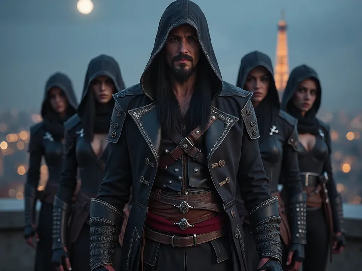 Front View ,  full body,  Standing Pose ,on building , in Paris ,  night , crescent lighting, Game character is  Assassins Creed,   1 male and 4 female Assassin, 1 male is American Actor Jared Leto 53-age   , (black long hair ,breads,  Brown Eyes , serious...