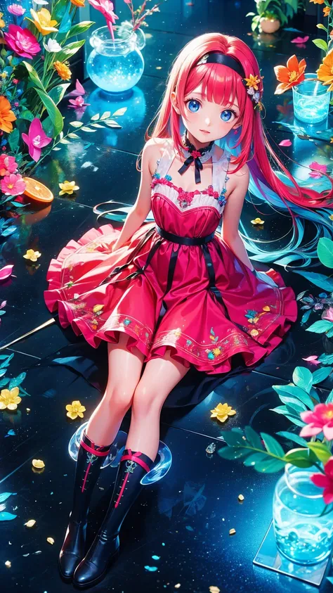   anime style、story、、   pretty girl 、とてもcute天使、  pink gothic dress  、cute、baby face、smile、  Long Skirt 、   black boots 、Very cute headband
