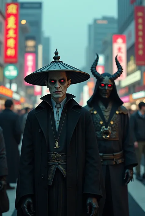  movie scene、 Imprint Image、8k、A vampire with a Chinese hat on his head and a bandage、 Shibuya Scramble Crossing、Dark samurai with hat  ,with red eyes along with a macabre mask and a dragon 