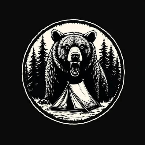 round logo, white round circle with forrest and tent, white, black background, screaming bear looking outside, screaming wolf looking outside, Upside screaming owl with spread wings look to the viewer,,