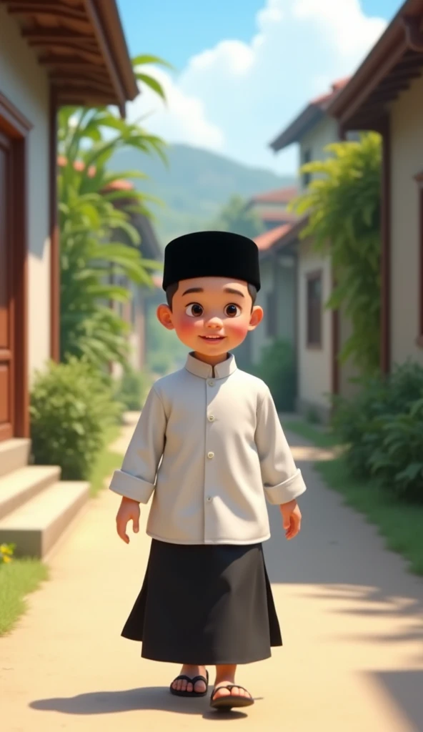 A  Indonesian boy wearing a white Indonesian prayer shirt and black sarong, black peci, walking casually along a small street in a clean condition with beautiful houses and fresh plants on the right and left, walking towards the camera, cartoon 3d