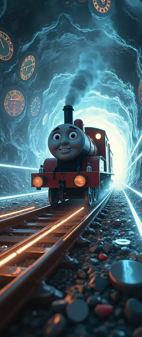 (masterpiece:1.2, Outstanding quality ,Mirror finish, Cinematic Experience, Best Illustration , super detailed),8k,16k,A train that transcends time and space,( Thomas the locomotive that travels through time and space:2.0),(SF:2.0),(dynamic,Taken from belo...