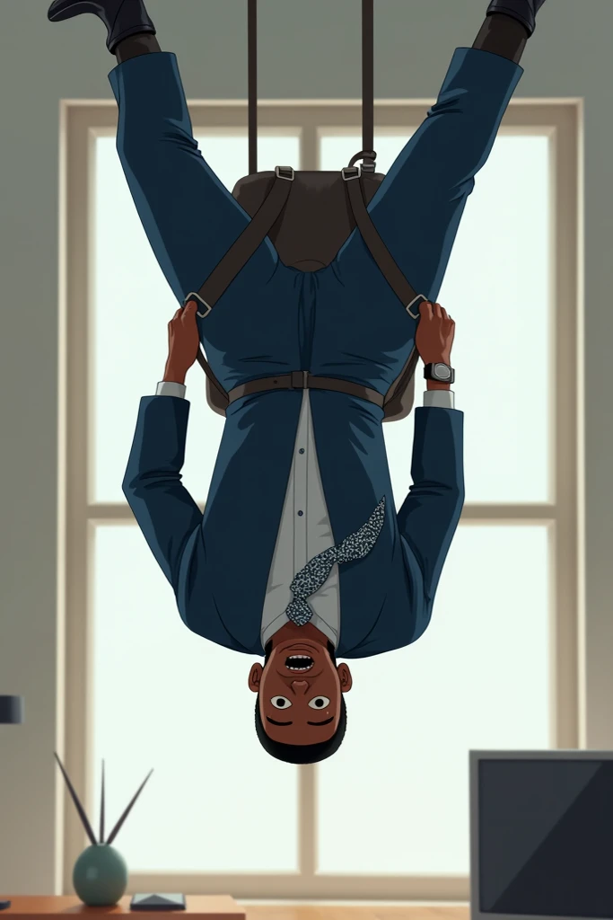 

"A young African man is hanging upside down inside a house, caught by the straps of his rucksack hooked on a window frame. He is dressed in a sharp, professional outfit: a neat blue coat, black shirt, white and blue necktie, black ironed trousers, grey s...