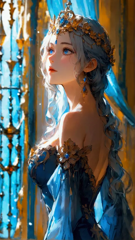 A woman, incomparably beautiful, with a dark blue dress, long silver hair, curly hair, wearing a blue jewel crown, lake blue eyes, a calm expression, very elegant, indifferent, leaning against the curtains, indoors, palaces, resplendent with gold, light go...