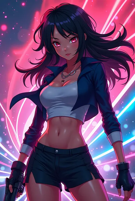 Fast an furious girl, neon, big boobs, poster style, anime, colorfull, flashing particles