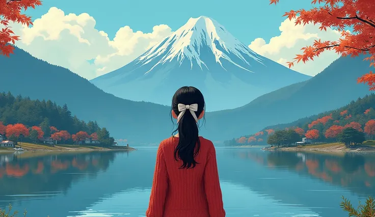 Thai Ghost Comic style,detail arts,pee 1 bath. A quiet lakeside view, with a woman in a red knitted sweater and a white bow tied in her hair standing in the foreground, looking at the majestic mountains under a partly cloudy sky. The mountains are adorned ...