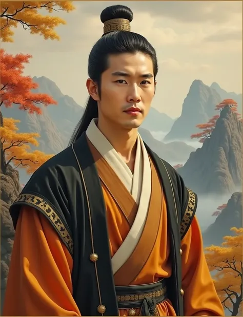 vintage oil painting, portrait of a handsome korean man, male korean, 27 years old, extremely rich and detailed korean traditional attire, traditional korean, korean autumn mountains in background, autumn landscape, yellow and autumn tones, artistic scener...