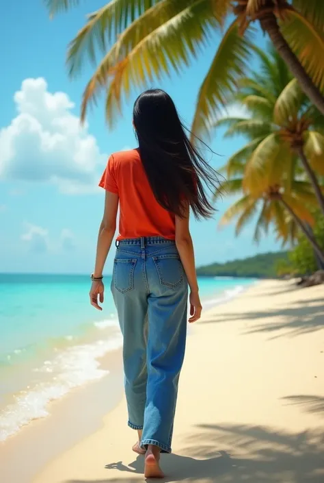 A beautiful Indonesian girl wearing a red T-shirt and blue pants walks along the beach, beautiful beach background, realistic image, full HD, high quality 5D 46k