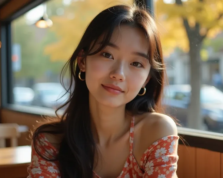 Close-up of a beautiful young Japanese woman sitting on a chair in a café on an autumn afternoon, looking at us.