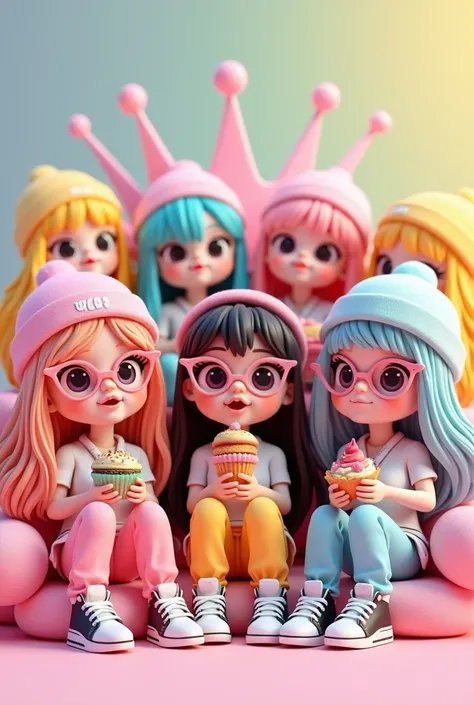 A 3D render of a digital artwork featuring Six chibi characters. The characters have long hair in different colors and wear glasses and beanies with the text "MAE", "NICA", "BEBS", "SANDRA", "DAISY", andANNA". They are dressed in the latest fashion trends,...