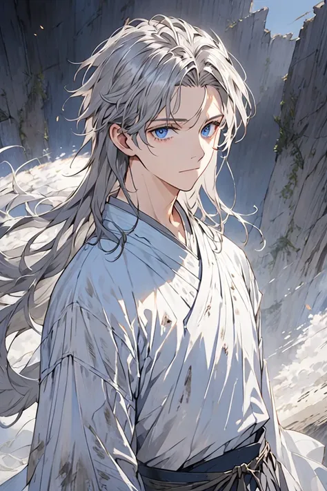 1boy,sliver hair,Dirty hair, long hair, cinematic highlight,posing,simple background,short hair|sky-blue eyes|beautiful detailed eyes, white clothes,detailed face,detailed skin, empty eyes,Dirty shirt, dark dungeon, western style costumes