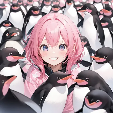  smile, pink hair,Lots of Adelie penguins