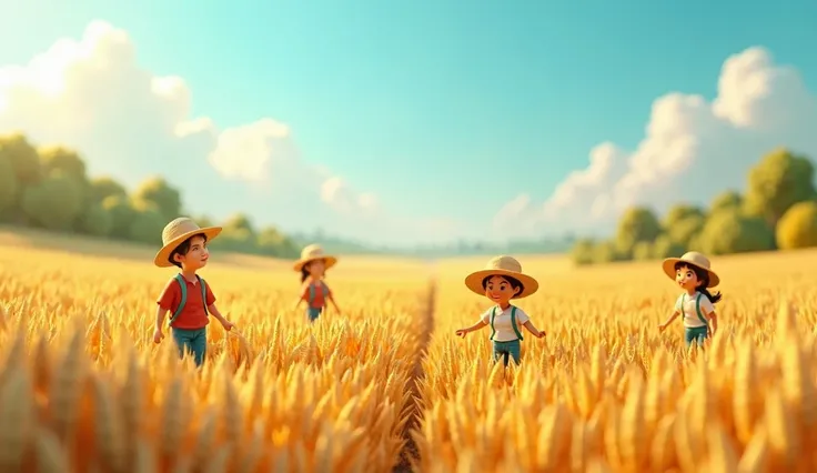 /I 3D miniature scene, summer, countryside, endless field, several farmers are harvesting Wheat, they are happily working. Bright colors, bold color schemes, miniature landscapes with the sky as the background, and dreamy realism style scenes are all rende...