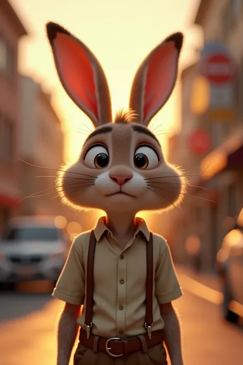 "A photorealistic image of an anthropomorphic rabbit, appearing surprised or worried. Hes wearing a light-colored shirt and brown pants with suspenders. The background is a slightly blurred street scene at sunset. The style should be reminiscent of a high-...