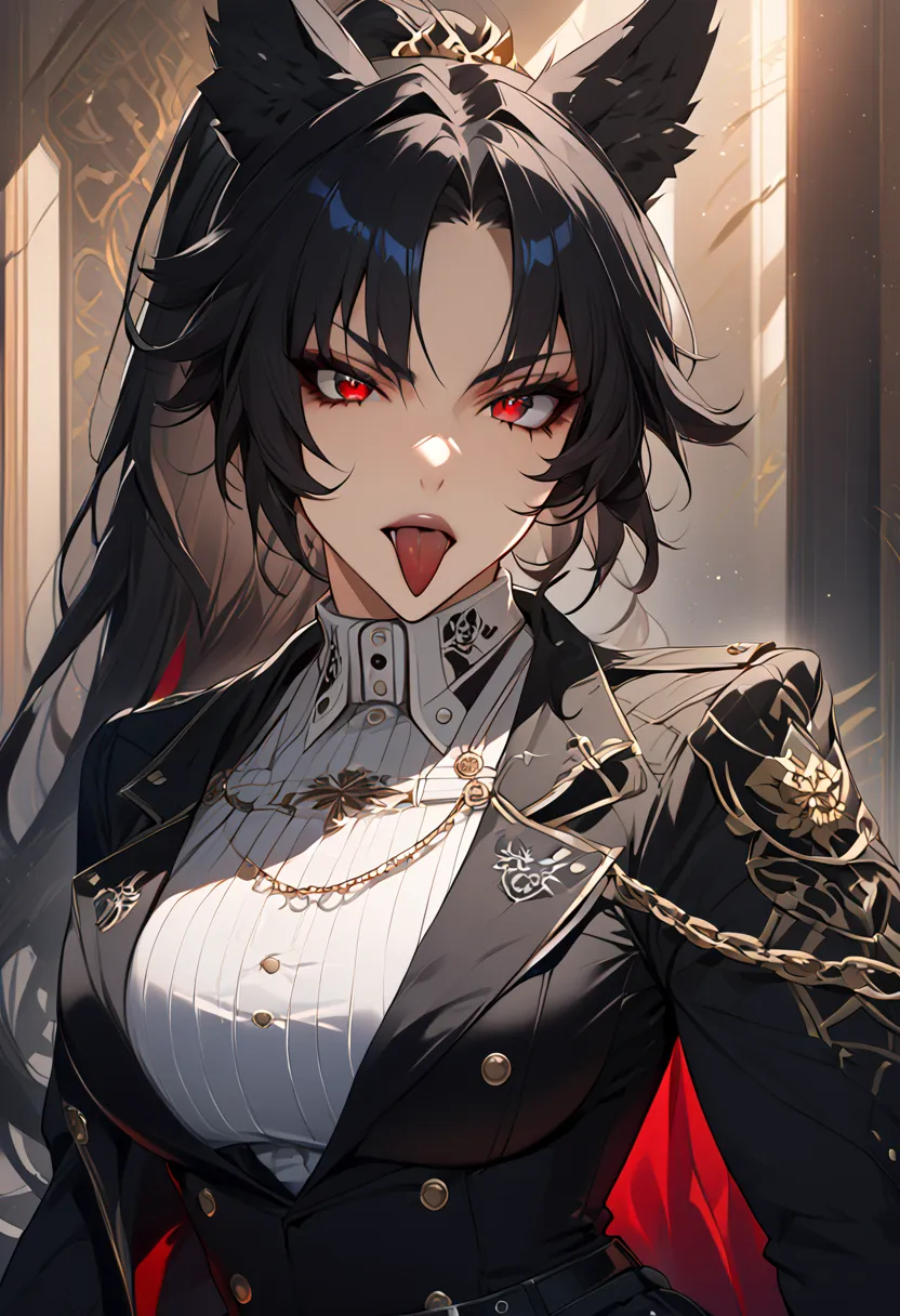 beautiful anime woman wearing a black military trench coat, tight black jeans pants, wolf ears, wolf tail, half wolf and half human, red eye color, black hair in a ponytail, light novel art, detailed anime art, anime, regal, royal, sexy, thicc, beautiful f...