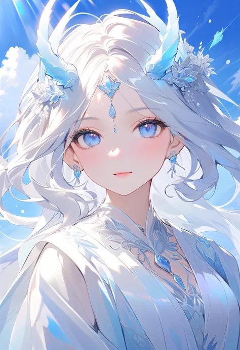 This character is a woman with a magical and elegant aura. She has long, shiny white hair, unique slightly transparent blue horns resembling a dragon, and elven ears that emphasize her mystical impression. Her beautiful white dress was decorated with blue ...