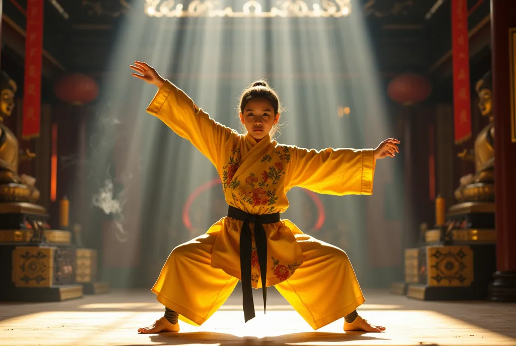 ((best quality, 8k, masterpiece: 1.3)), a realistic image of a ten-years-oldyoung girl performing an impressive kung fu pose ins...