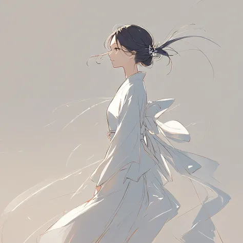 A detailed anime-style sketch of a 25-year-old Japanese woman walking elegantly like a model, captured from a side profile. Her posture is tall and poised, with her steps graceful and deliberate. Her hair flows gently with her motion, adding to her confide...