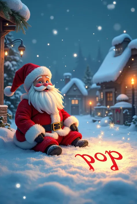 Santa Claus sat in a festive village, writing the name pop with beautiful calligraphy in the snow with brilliant magic.