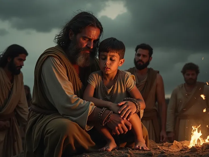 a cinematic, high-contrast photograph of a grand, rustic scene set in ancient times, Abraham is a man at 60 years old, with a pained expression and tears in his eyes, is seen tying Isaac is a boy teenager  onto the altar, with a dark and heavy sky looming ...