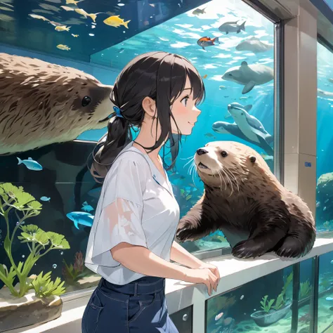 woman,aquarium,Sea otter